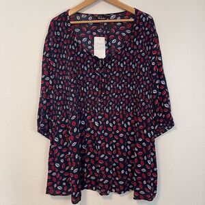 Ulla Popken Smocked Lip Print Blouse Size 24/26